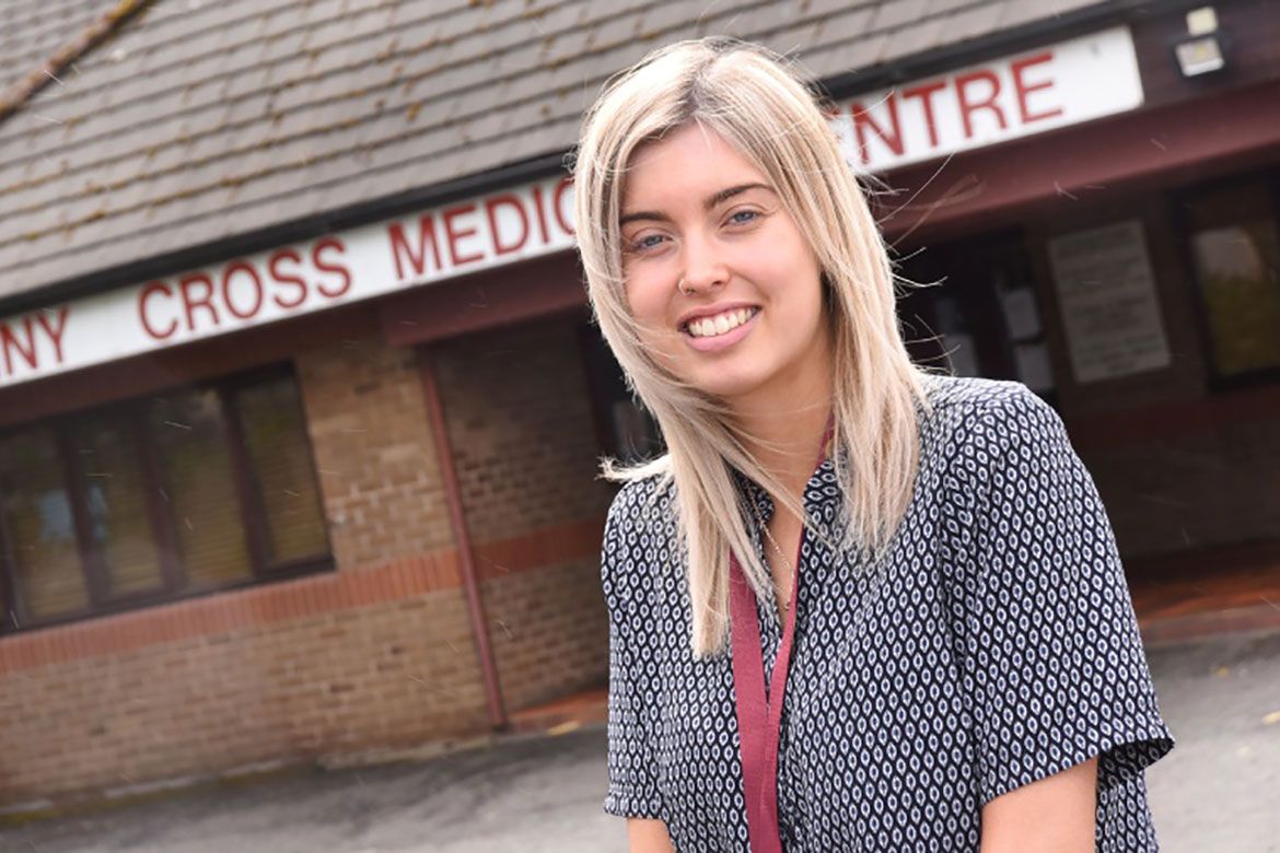 Modern Apprentice Sarah Robinson outside Denny Cross Medical Practice