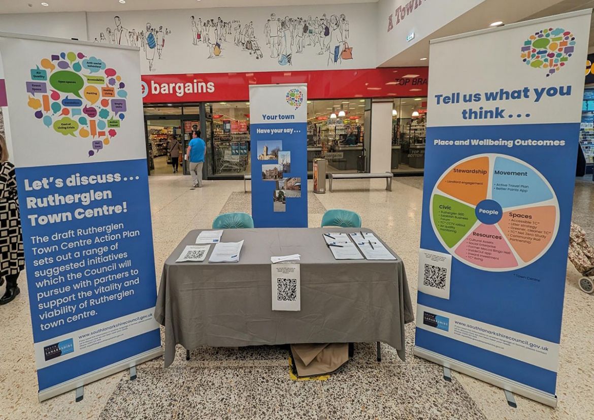 Information stand about Rutherglen Town Centre Action Plan, which uses the Place and Wellbeing Outcomes