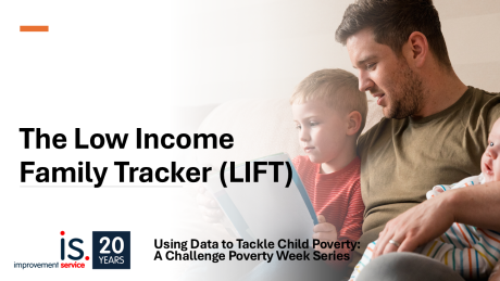 An adult sitting with two children while holding a tablet, placed beside the text ‘The Low Income Family Tracker (LIFT).’ The slide includes Improvement Service branding and the caption ‘Using Data to Tackle Child Poverty: A Challenge Poverty Week Series