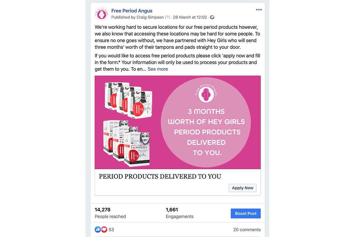 Info from Angus about delivery of period products