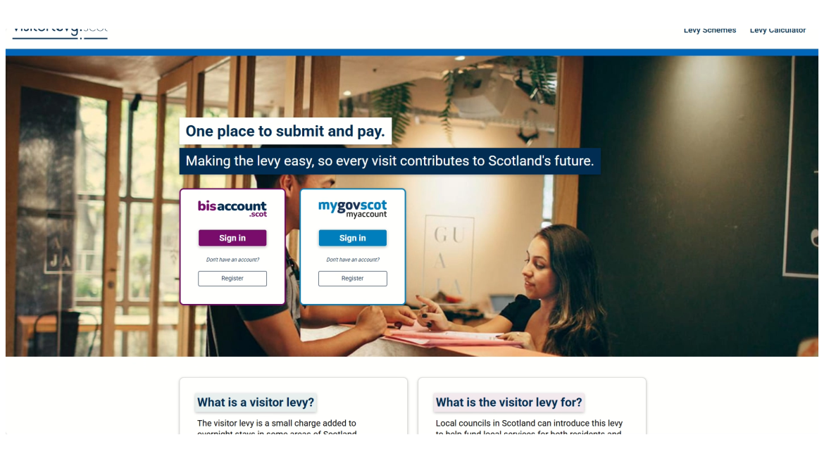 Screenshot of the visitorlevy.scot website homepage
