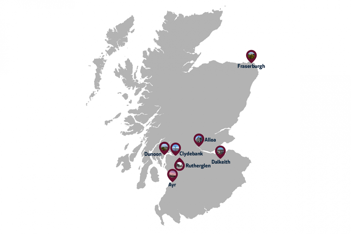 Map of Scotland showing locations of the Project Towns