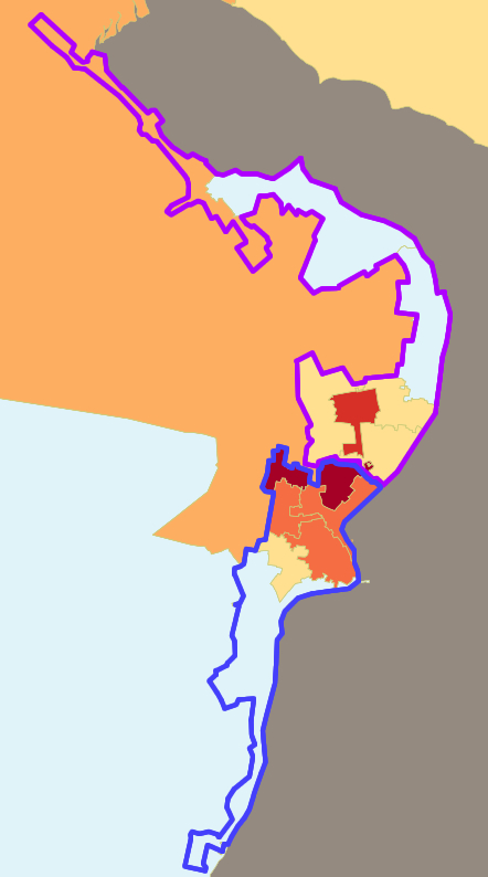 Example of Dunoon settlement which includes the communities stretching from Bullwood to Sandbank. The intermediate zone called Dunoon outlined in blue. 