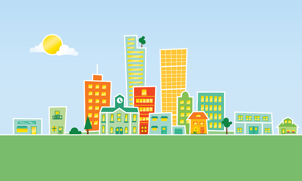Illustration of small town on sunny day