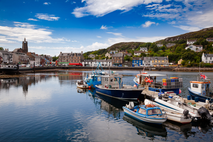 Moored boats at Tarbert Harbour. Tarbet, a small fishing town and ferry terminal in Argyll and Bute, Scotland, UK,